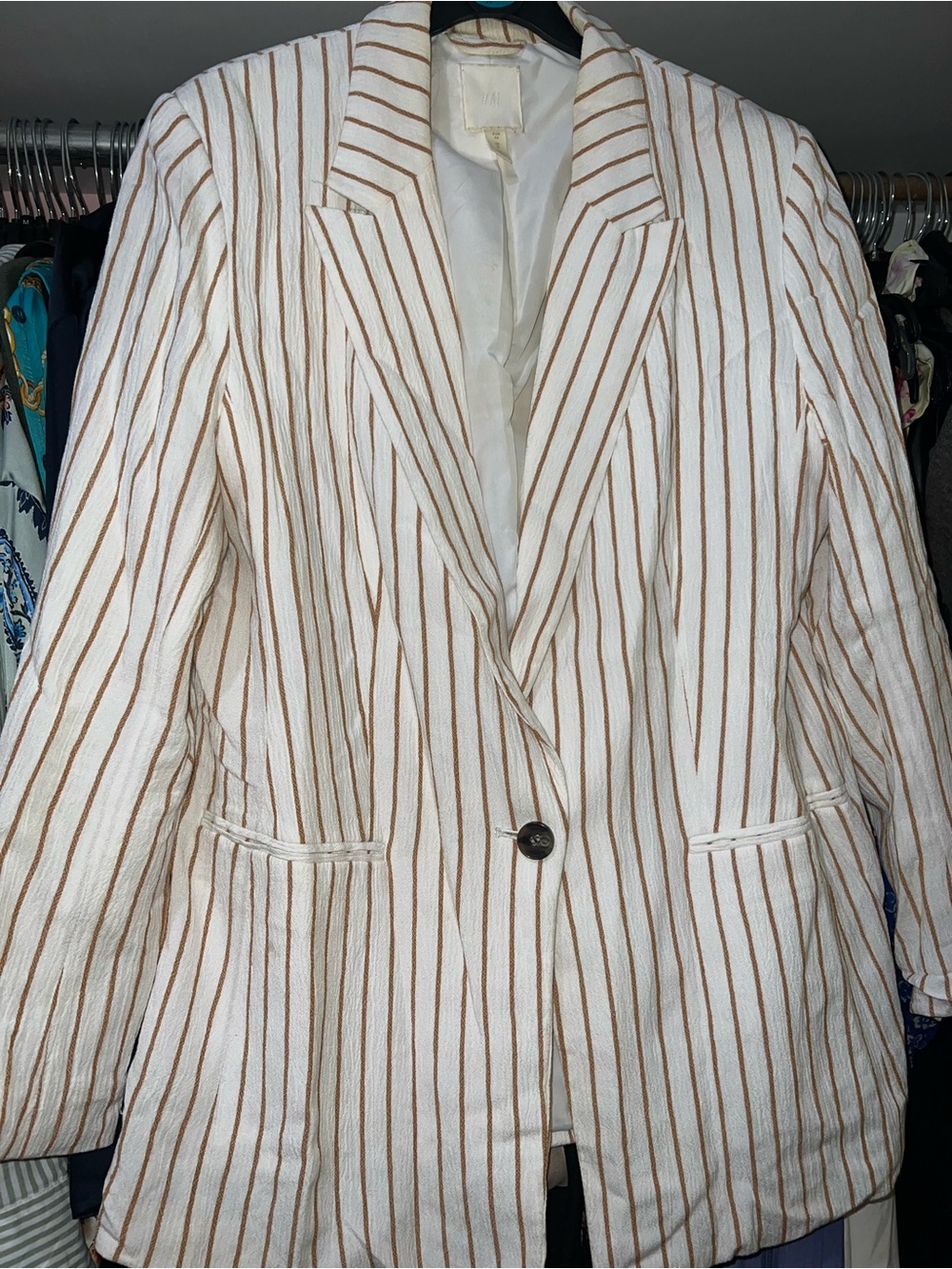 Womens Cream Blazer with Mustard Color Pinstripes - Single Button Jacket